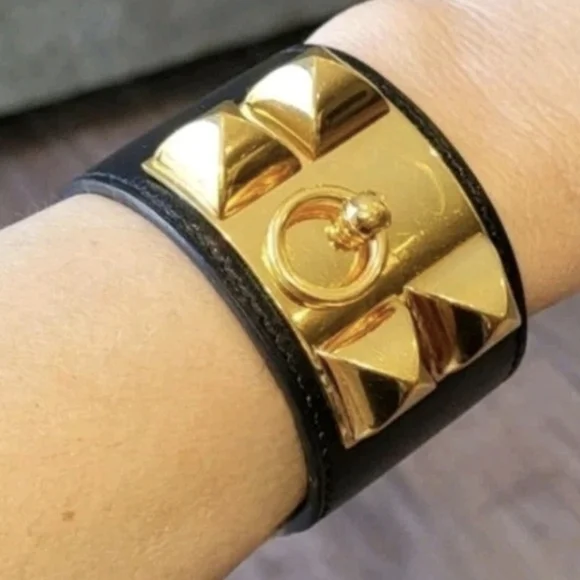 Hermés Collier de Chien Yellow Gold Plated Studded Leather Adjustable Bracelet - Picture 9 of 15